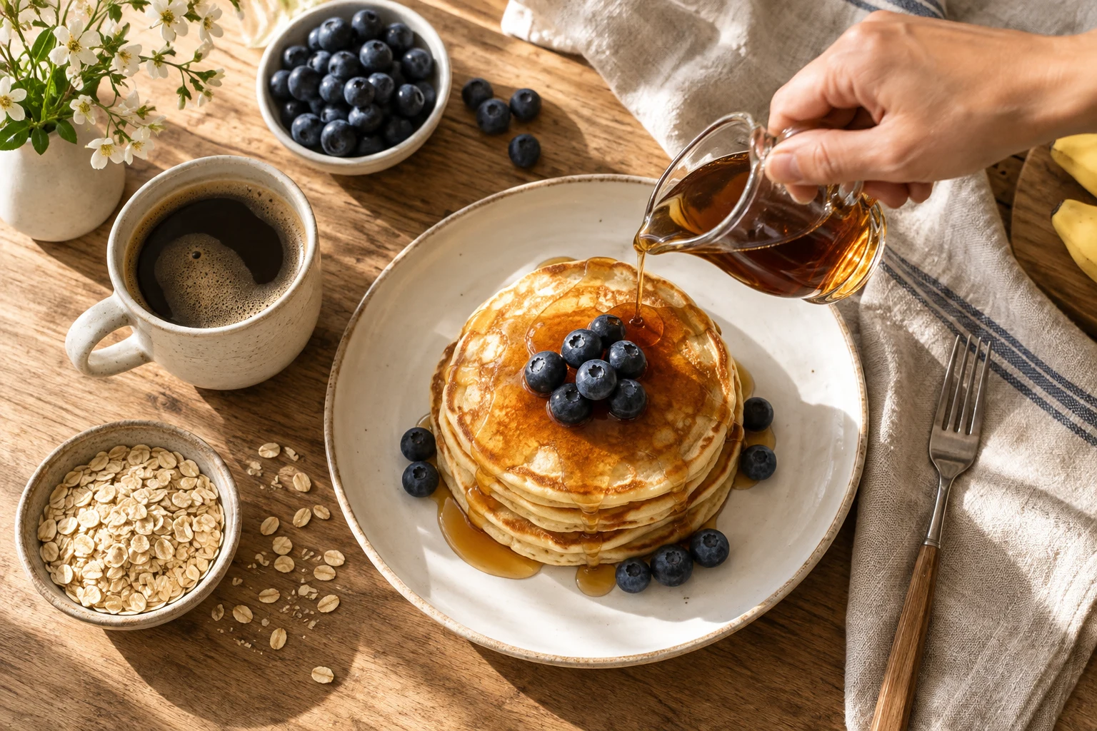Pancakes with berries and maple syrup on a sunny breakfast table