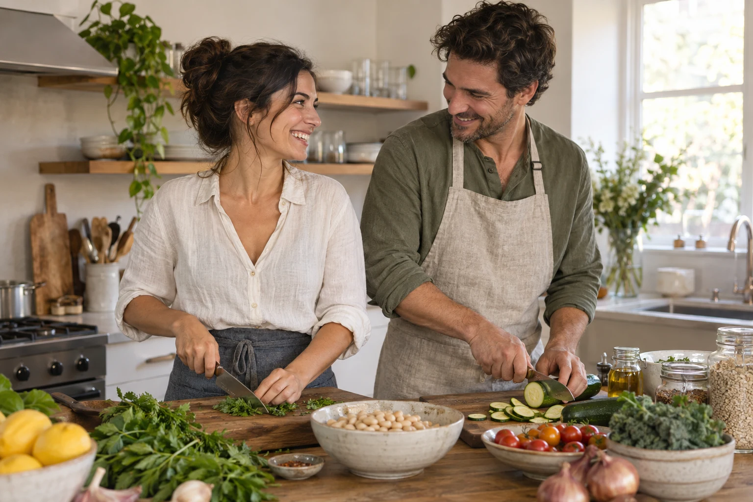 Two adults preparing vegetables together in their home kitchen