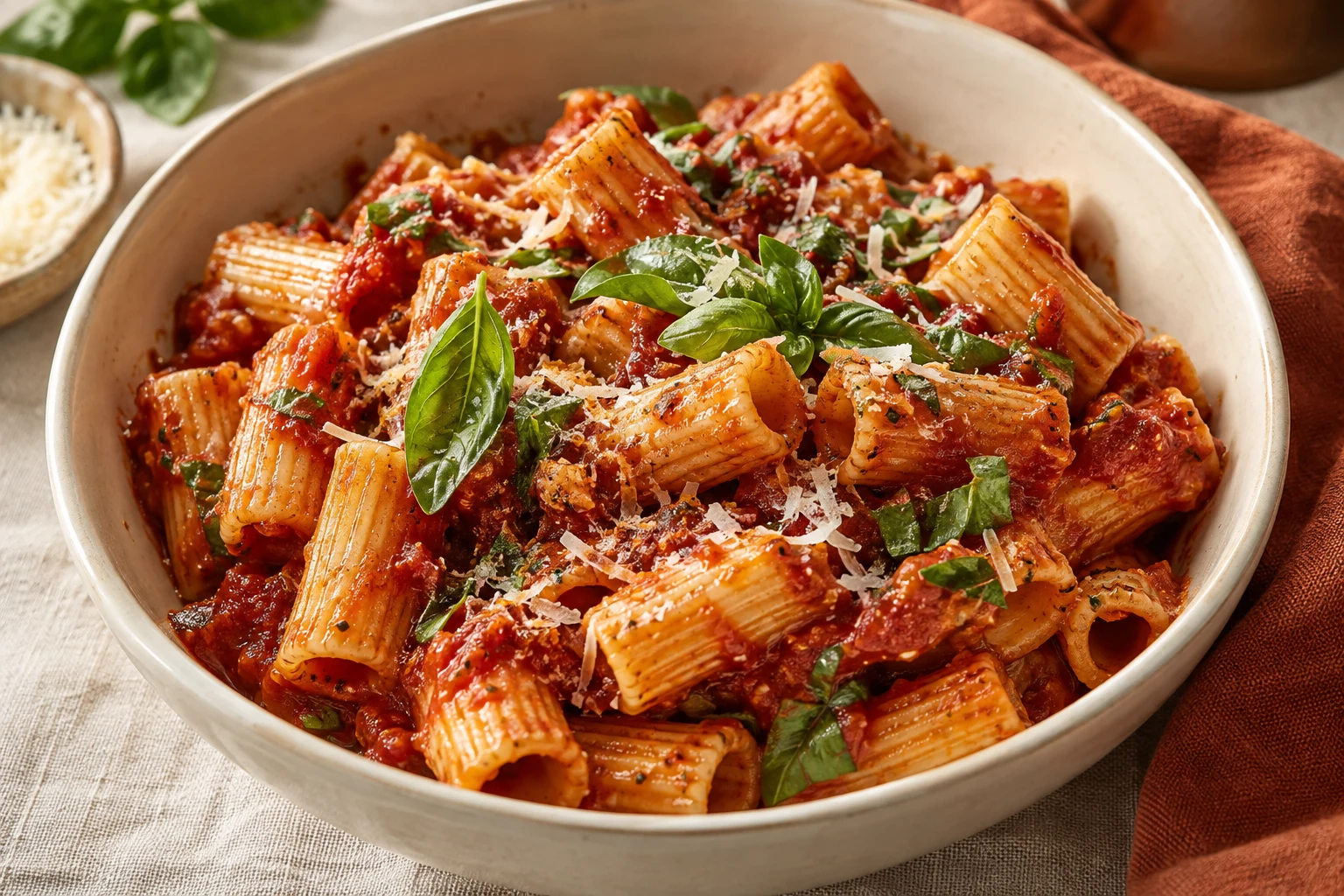 Tomato rigatoni with fresh basil and parmesan